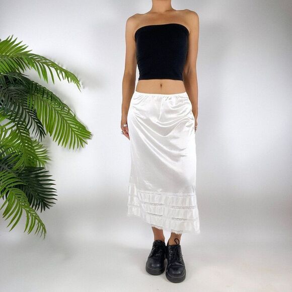 Vintage 90s White Coquette Cottagecore Angelcore Midi Lace Half Slip Skirt / M - Picture 1 of 6